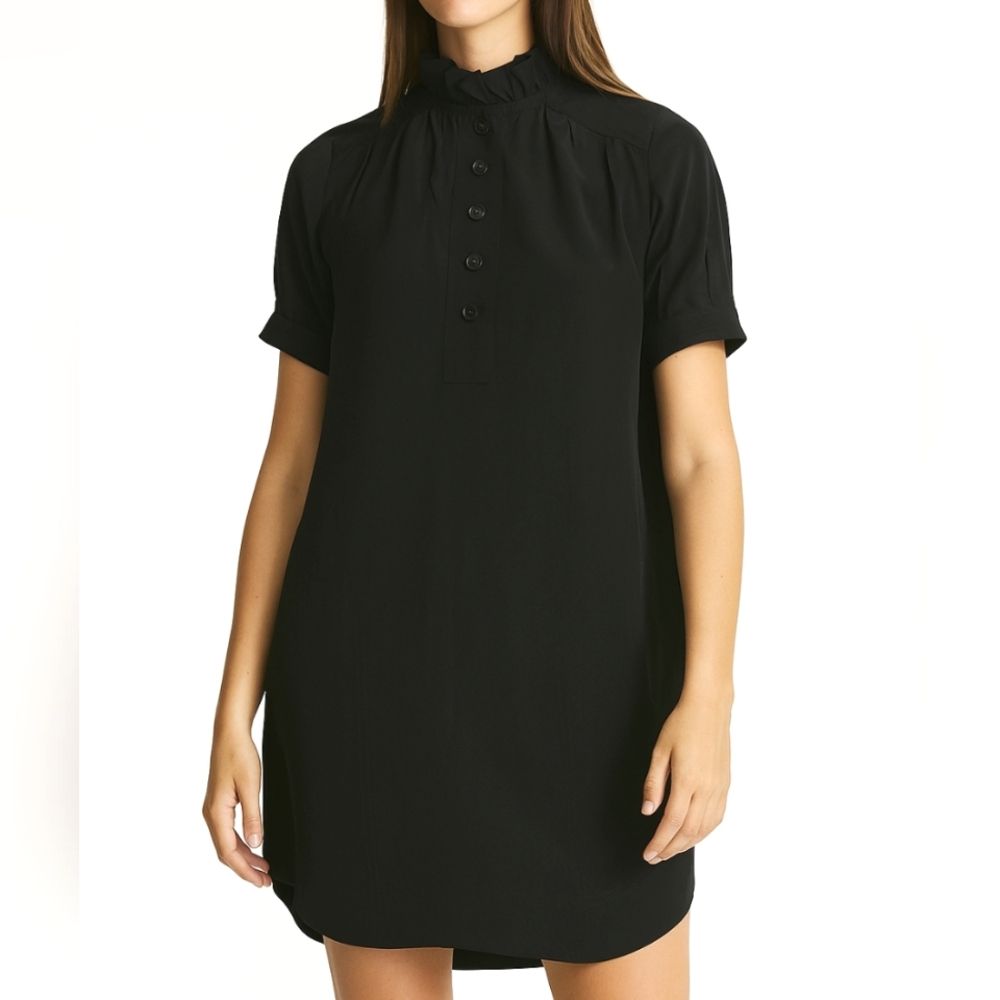 Sonia Rykiel Size 36 Or Small‎ Black Silk Shift Dress Puff Sleeve Ruffle Collar